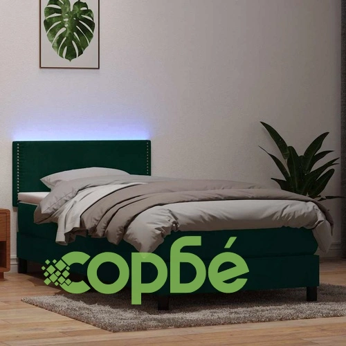 Луксозно Боксспринг Легло с Матрак от Кадифе, Тъмнозелено, 100x210 см, с LED Осветление ➤ топ цена ➤ sorbe.bg