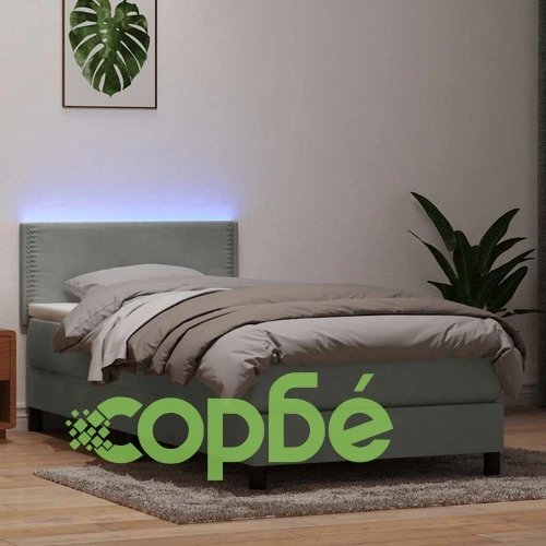 Луксозно Боксспринг Легло с Матрак и LED Осветление, 80x220 см, Светлосиво Кадифе ➤ топ цена ➤ sorbe.bg