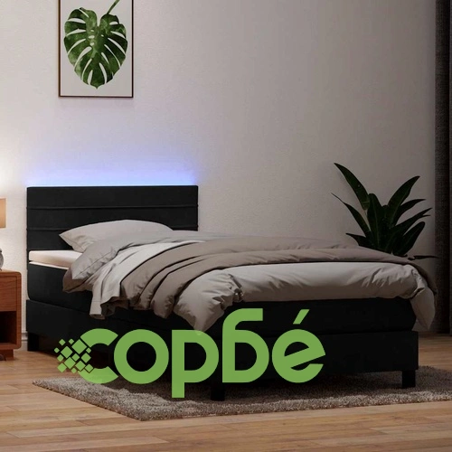 Луксозно боксспринг легло с матрак от кадифе, черно, 90x210 см, с LED осветление ➤ топ цена ➤ sorbe.bg