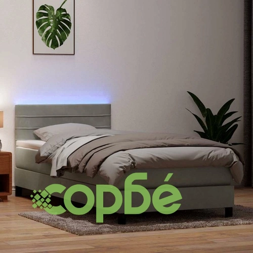 Луксозно Боксспринг Легло с Покет Матрак 80x220 см, Светлосиво Кадифе с LED Осветление ➤ топ цена ➤ sorbe.bg