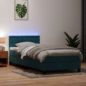 Луксозно Боксспринг Легло с Матрак, Тъмносиньо Кадифе, 90x210 см, LED Осветление
