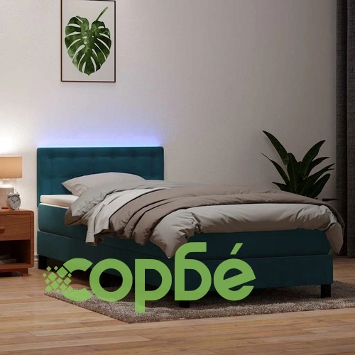 Луксозно Боксспринг Легло с Матрак, Тъмносиньо Кадифе, 90x210 см, LED Осветление ➤ топ цена ➤ sorbe.bg