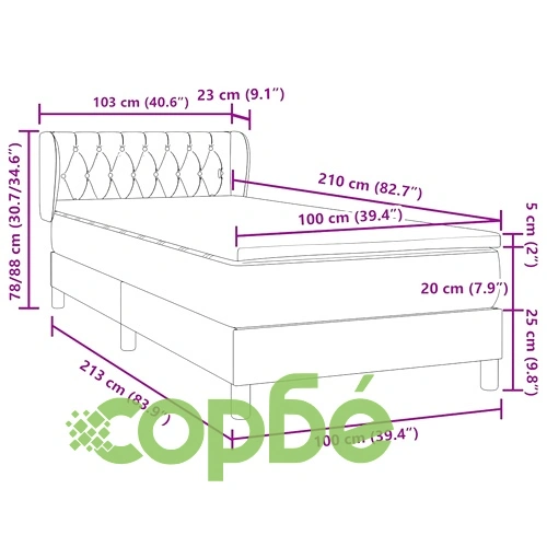 Луксозно Боксспринг Легло с Матрак от Кадифе, Черно, 100x210 см, с Топ Матрак и Регулируема Табла ➤ топ цена ➤ sorbe.bg