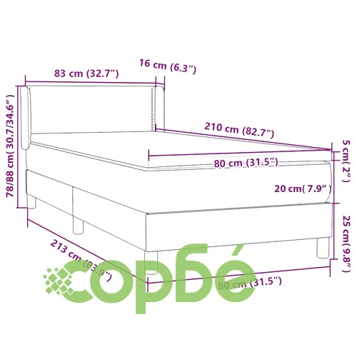 Луксозно Боксспринг Легло с Матрак и Топер, 80x210 см, Черно Кадифе ➤ топ цена ➤ sorbe.bg
