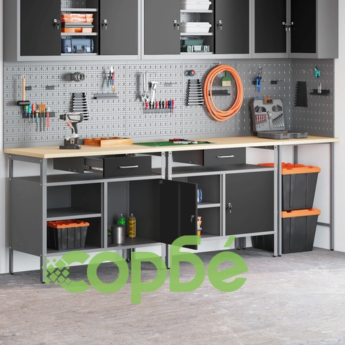 Комплект работна маса с 3 части от червена стомана, 255 x 55 x 85 см ➤ топ цена ➤ sorbe.bg