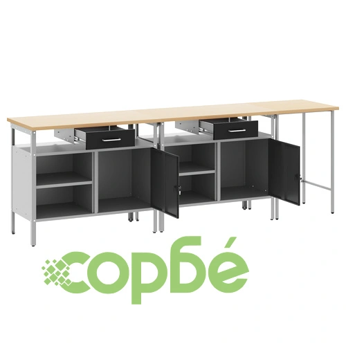 Комплект работна маса с 3 части от червена стомана, 255 x 55 x 85 см ➤ топ цена ➤ sorbe.bg