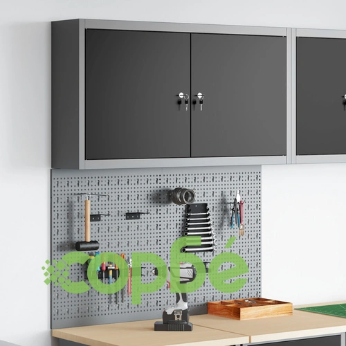 Метален комплект за инструменти - 3 части с шкаф и 2 перфорирани панела, черен, до 15 кг ➤ топ цена ➤ sorbe.bg