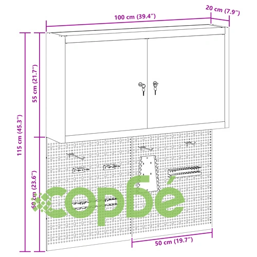 Метален комплект за инструменти - 3 части с шкаф и 2 перфорирани панела, черен, до 15 кг ➤ топ цена ➤ sorbe.bg