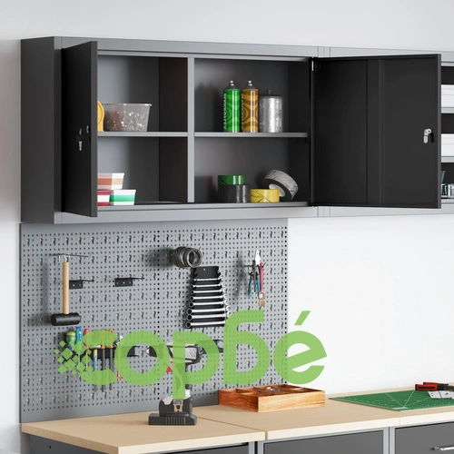 Метален комплект за инструменти - 3 части с шкаф и 2 перфорирани панела, черен, до 15 кг ➤ топ цена ➤ sorbe.bg