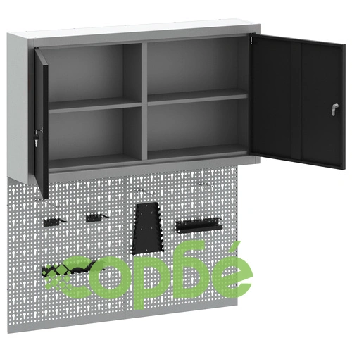 Метален комплект за инструменти - 3 части с шкаф и 2 перфорирани панела, черен, до 15 кг ➤ топ цена ➤ sorbe.bg