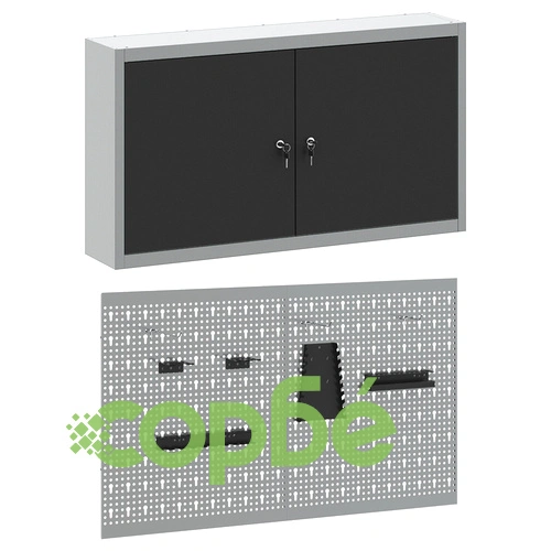 Метален комплект за инструменти - 3 части с шкаф и 2 перфорирани панела, черен, до 15 кг ➤ топ цена ➤ sorbe.bg