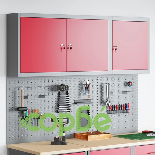 Комплект шкаф с инструменти и стенен панел от 5 части, червен метален ➤ топ цена ➤ sorbe.bg