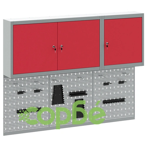 Комплект шкаф с инструменти и стенен панел от 5 части, червен метален ➤ топ цена ➤ sorbe.bg