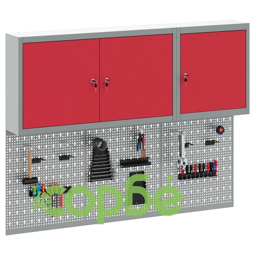 Комплект шкаф с инструменти и стенен панел от 5 части, червен метален ➤ топ цена ➤ sorbe.bg