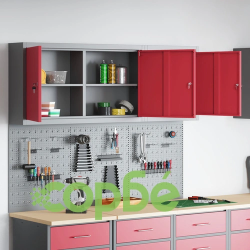 Комплект шкаф с инструменти и стенен панел от 5 части, червен метален ➤ топ цена ➤ sorbe.bg