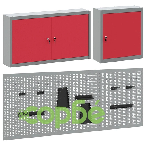 Комплект шкаф с инструменти и стенен панел от 5 части, червен метален ➤ топ цена ➤ sorbe.bg