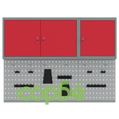 Комплект шкаф с инструменти и стенен панел от 5 части, червен метален ➤ топ цена ➤ sorbe.bg