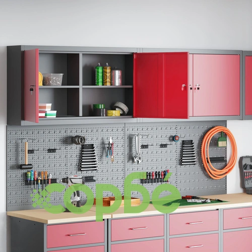 6-членен Комплект за Съхранение на Инструменти с Метална Кабина и Стенен Пегборд - Червен ➤ топ цена ➤ sorbe.bg