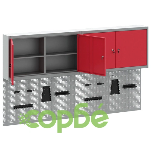 6-членен Комплект за Съхранение на Инструменти с Метална Кабина и Стенен Пегборд - Червен ➤ топ цена ➤ sorbe.bg