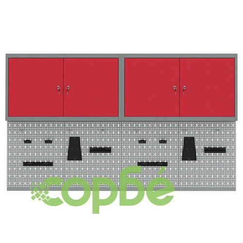 6-членен Комплект за Съхранение на Инструменти с Метална Кабина и Стенен Пегборд - Червен ➤ топ цена ➤ sorbe.bg