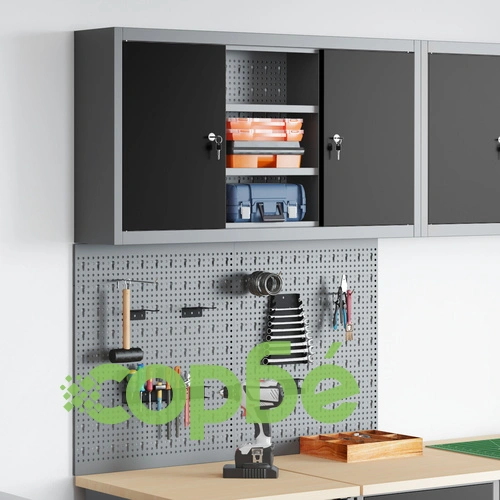 Метален комплект за инструменти от 3 части с шкаф и стенен панел, черен ➤ топ цена ➤ sorbe.bg