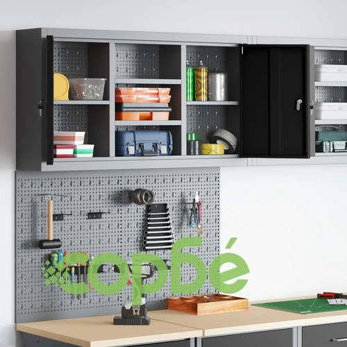 Метален комплект за инструменти от 3 части с шкаф и стенен панел, черен ➤ топ цена ➤ sorbe.bg