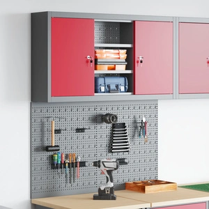 Комплект от 3 части с метален инструментален шкаф и стенна дъска за инструменти, червен
