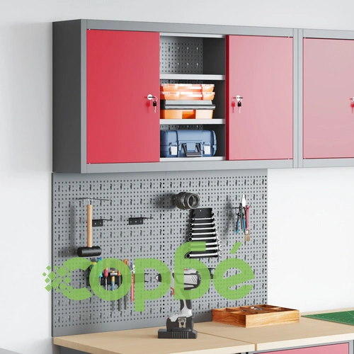 Комплект от 3 части с метален инструментален шкаф и стенна дъска за инструменти, червен ➤ топ цена ➤ sorbe.bg