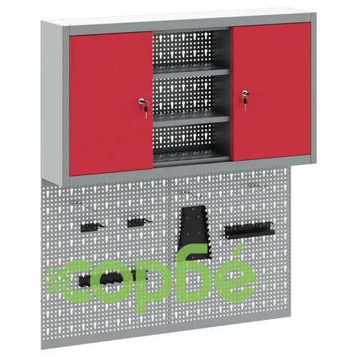 Комплект от 3 части с метален инструментален шкаф и стенна дъска за инструменти, червен ➤ топ цена ➤ sorbe.bg