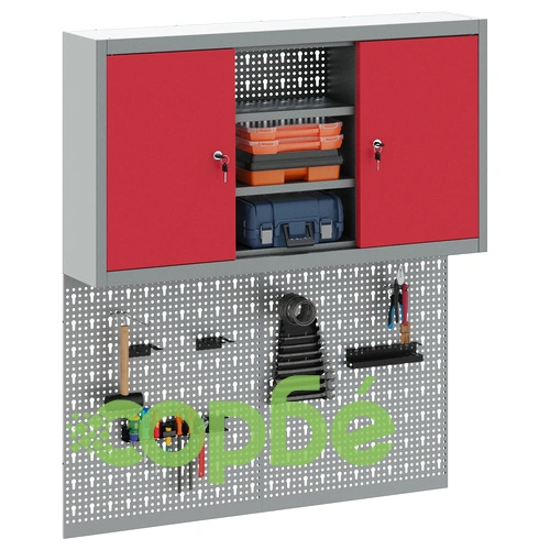 Комплект от 3 части с метален инструментален шкаф и стенна дъска за инструменти, червен ➤ топ цена ➤ sorbe.bg