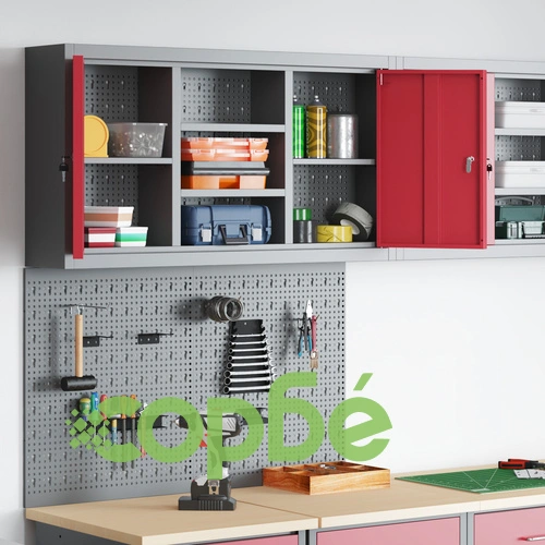 Комплект от 3 части с метален инструментален шкаф и стенна дъска за инструменти, червен ➤ топ цена ➤ sorbe.bg