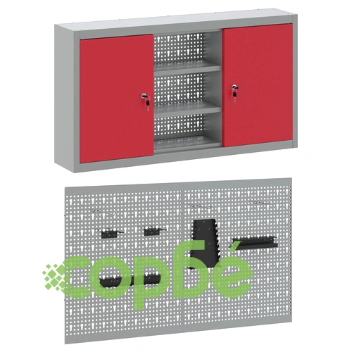 Комплект от 3 части с метален инструментален шкаф и стенна дъска за инструменти, червен ➤ топ цена ➤ sorbe.bg