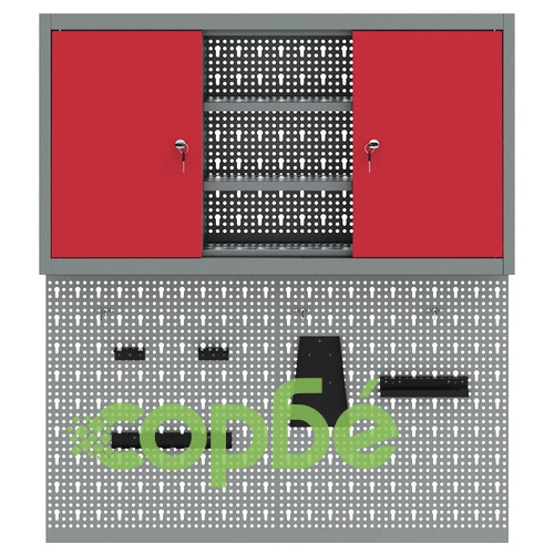 Комплект от 3 части с метален инструментален шкаф и стенна дъска за инструменти, червен ➤ топ цена ➤ sorbe.bg