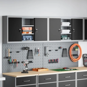 Комплект от 4 части за инструментален шкаф с перфорирана дъска за стена, черен метал
