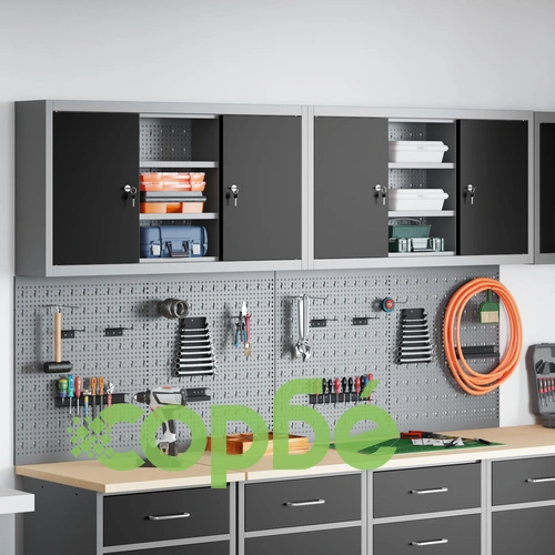 Комплект от 4 части за инструментален шкаф с перфорирана дъска за стена, черен метал ➤ топ цена ➤ sorbe.bg