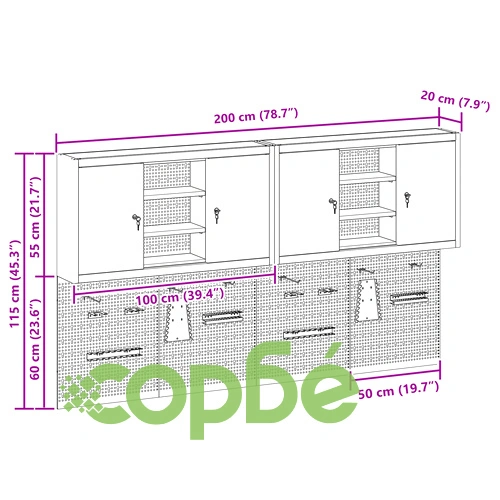 Комплект от 4 части за инструментален шкаф с перфорирана дъска за стена, черен метал ➤ топ цена ➤ sorbe.bg