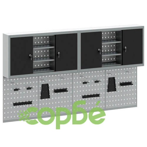 Комплект от 4 части за инструментален шкаф с перфорирана дъска за стена, черен метал ➤ топ цена ➤ sorbe.bg