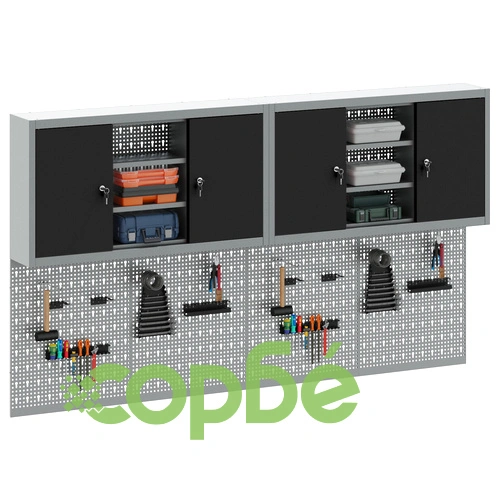 Комплект от 4 части за инструментален шкаф с перфорирана дъска за стена, черен метал ➤ топ цена ➤ sorbe.bg