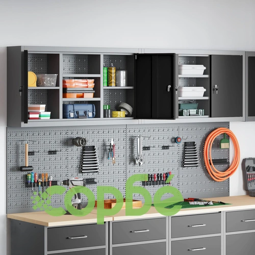 Комплект от 4 части за инструментален шкаф с перфорирана дъска за стена, черен метал ➤ топ цена ➤ sorbe.bg