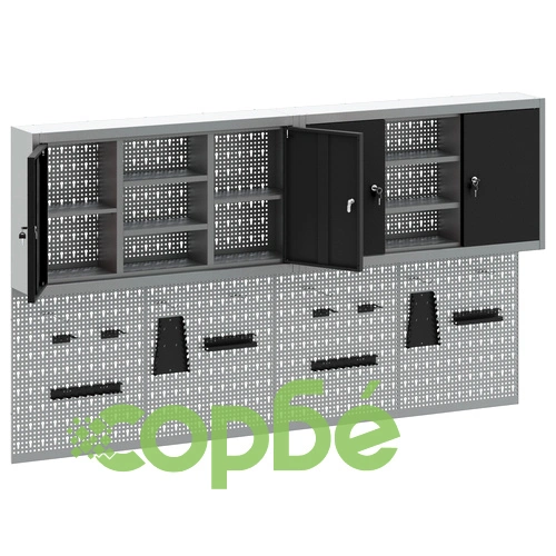 Комплект от 4 части за инструментален шкаф с перфорирана дъска за стена, черен метал ➤ топ цена ➤ sorbe.bg