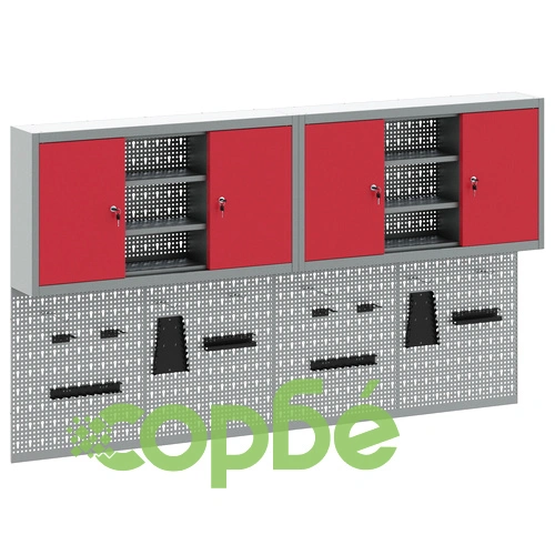 Комплект от 4 части за инструменти с метален шкаф и стенен панел за закачане, червен ➤ топ цена ➤ sorbe.bg