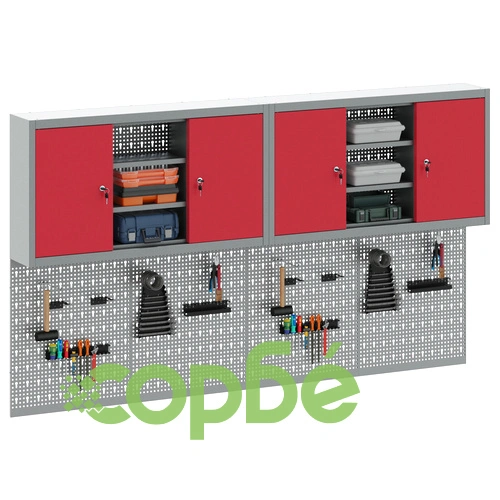 Комплект от 4 части за инструменти с метален шкаф и стенен панел за закачане, червен ➤ топ цена ➤ sorbe.bg