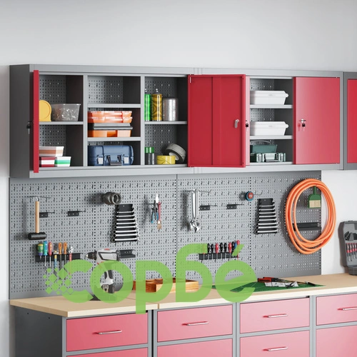 Комплект от 4 части за инструменти с метален шкаф и стенен панел за закачане, червен ➤ топ цена ➤ sorbe.bg