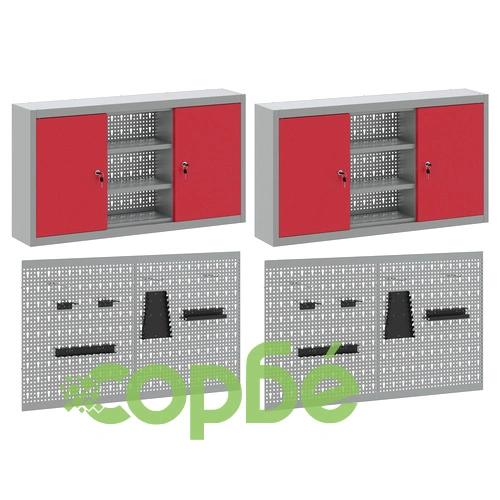 Комплект от 4 части за инструменти с метален шкаф и стенен панел за закачане, червен ➤ топ цена ➤ sorbe.bg