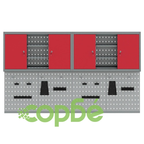 Комплект от 4 части за инструменти с метален шкаф и стенен панел за закачане, червен ➤ топ цена ➤ sorbe.bg