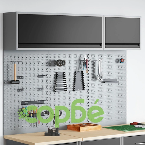 Комплект за стена с инструментален кабинет и пергола от 5 части, черен метал ➤ топ цена ➤ sorbe.bg