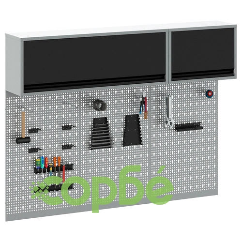 Комплект за стена с инструментален кабинет и пергола от 5 части, черен метал ➤ топ цена ➤ sorbe.bg