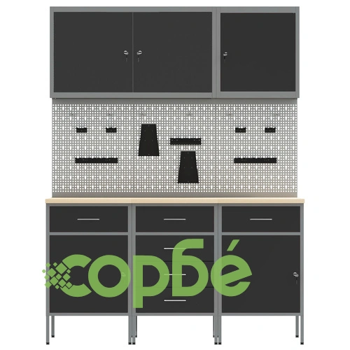Комплект за работна кабина с 8 части - Черен MDF и Метал, 150 x 55 x 200 см ➤ топ цена ➤ sorbe.bg