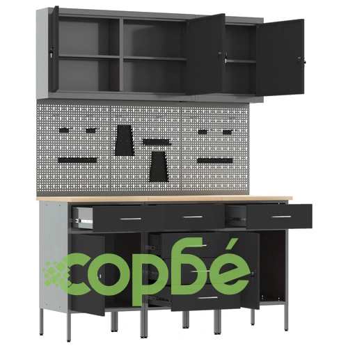 Комплект за работна кабина с 8 части - Черен MDF и Метал, 150 x 55 x 200 см ➤ топ цена ➤ sorbe.bg