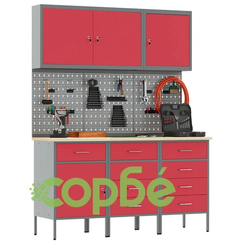 8-Членен Комплект Работна Масичка от Стомана в Червено - 150 x 55 x 200 см ➤ топ цена ➤ sorbe.bg